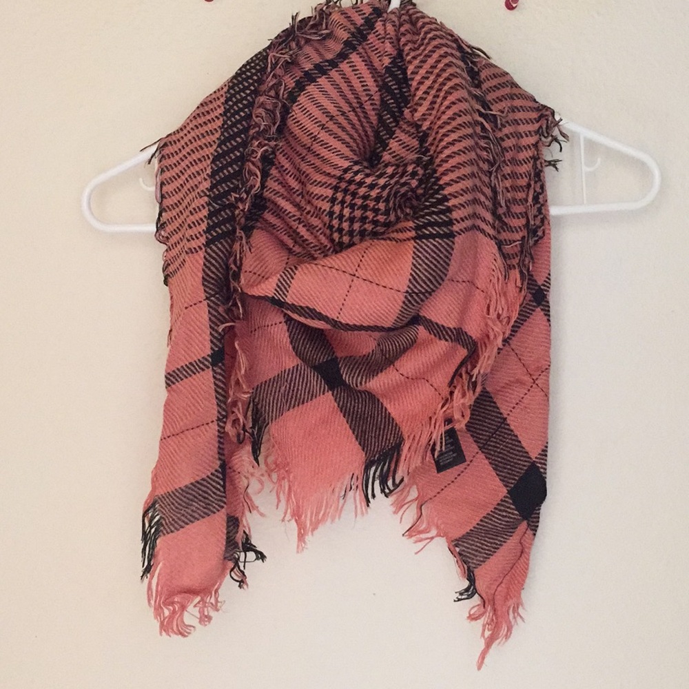 Coral fringed plaid scarf